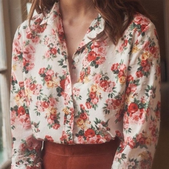 Sézane Pierro Shirt Bouquet De Rose Size 34/36 Button Down Feminine Floral Shirt - Picture 3 of 10